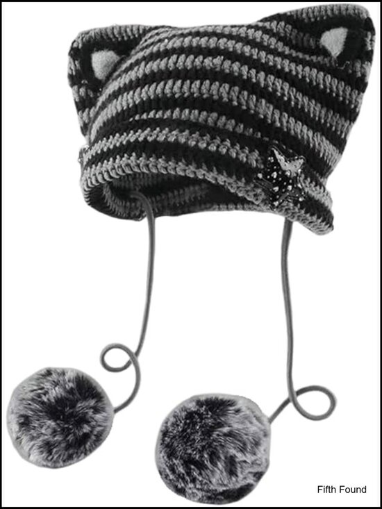 Kawaii Cat Ear Beanie with Star Pom Poms Y2K Cute Knit Slouchy Hat main image 5